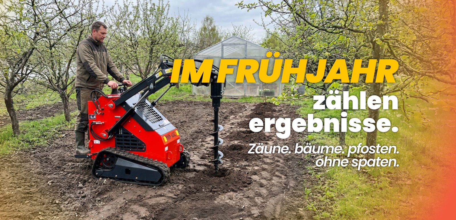 minilader kr38 mit erdbohrer für zaunpfosten und baumpflanzung