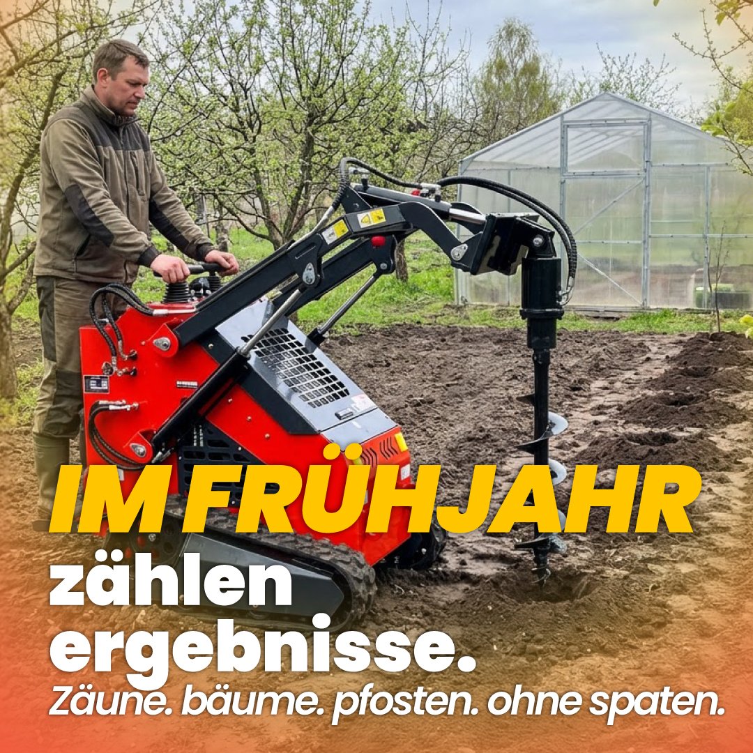 minilader kr38 mit erdbohrer für zaunpfosten und baumpflanzung