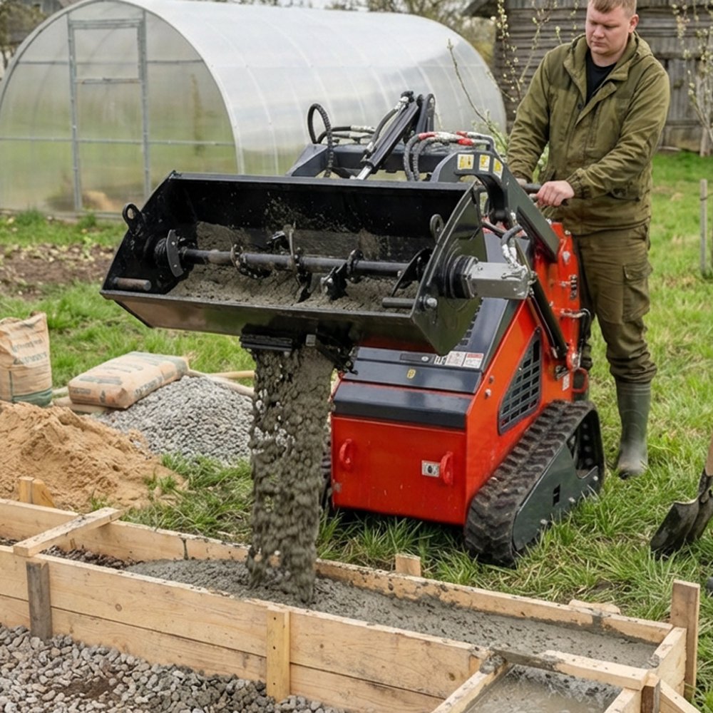 Mini loader with concrete mixing bucket pouring greenhouse foundation