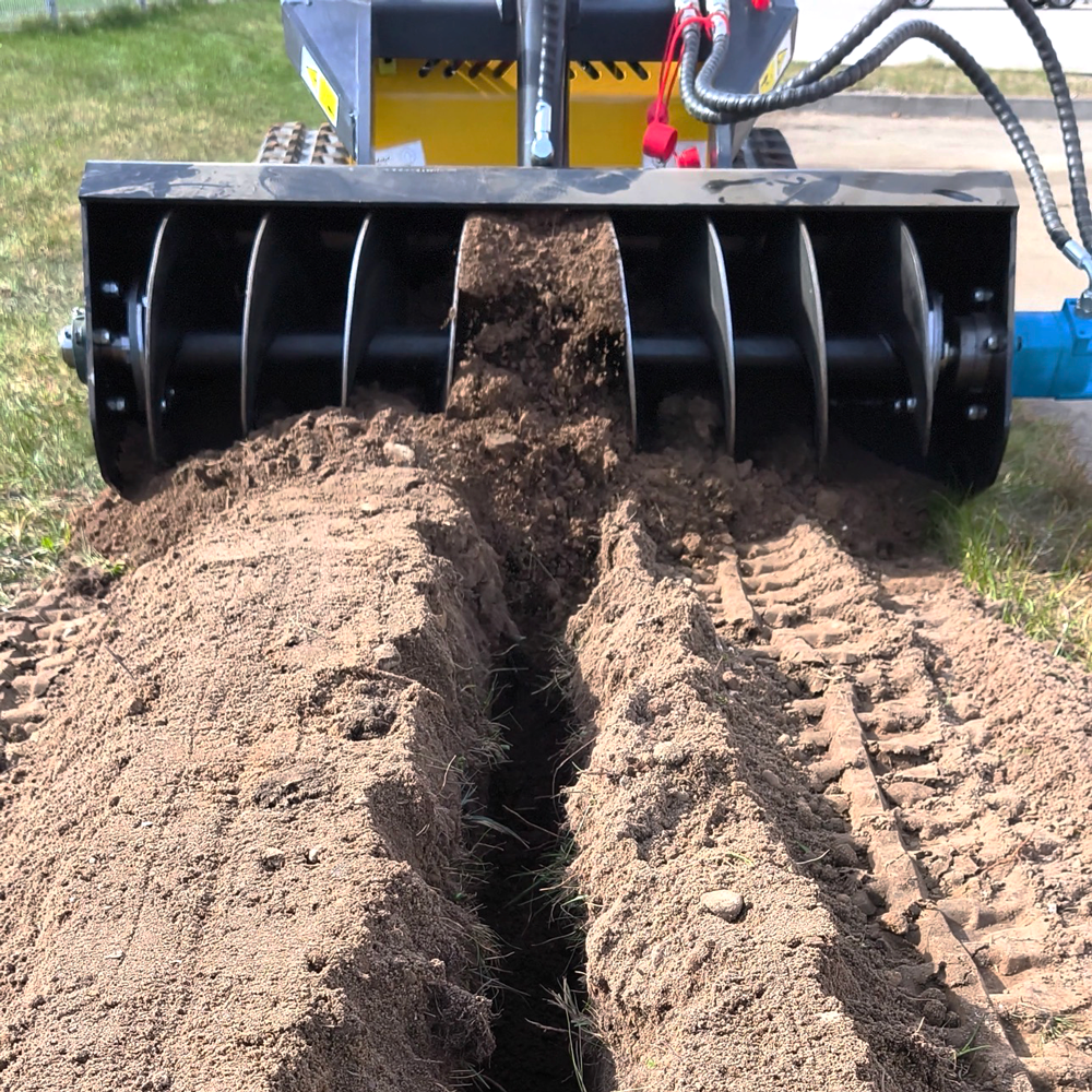 Trench roller front view compacting and levelling narrow trench in one pass