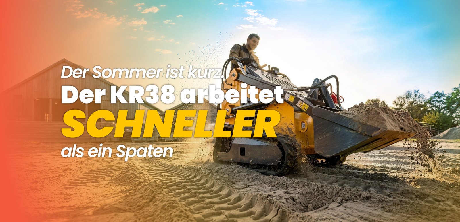 Der KR38 Kompaktlader erledigt sommerliche Erdarbeiten schneller als ein Spaten.