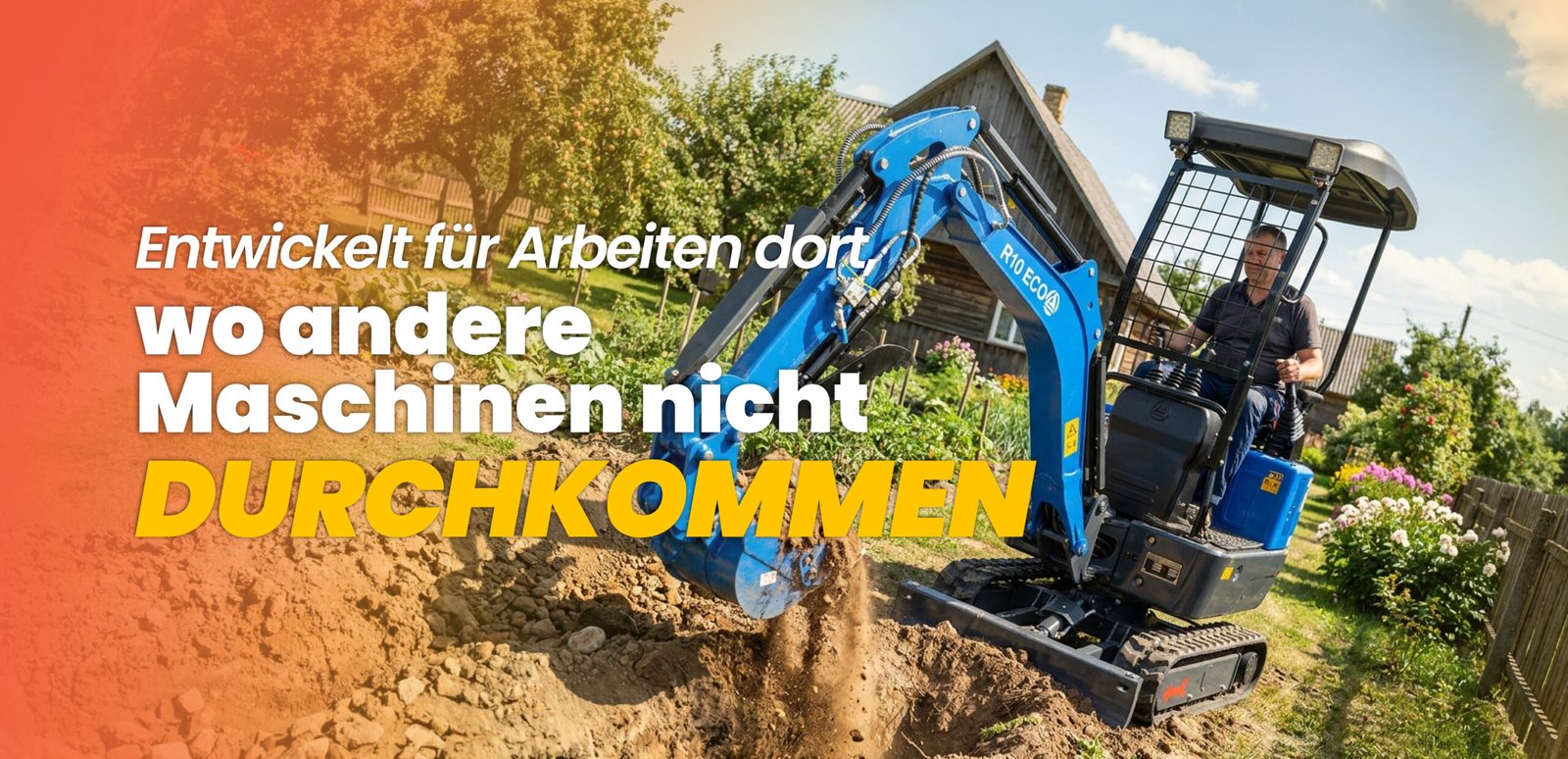 RIPPA R10 Minibagger bei Erdarbeiten auf einem Grundstück.
